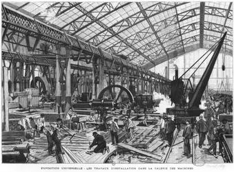 Sitio de construcción de la Galerie des Machines en la Exposición Universal de 1889, París, abril de 1889